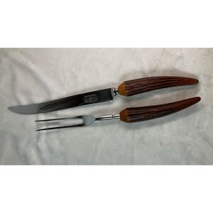 Vtg 2 Pc Antler Stainless Carving Set Crown Crest Sheffield Fork & Carving Knife